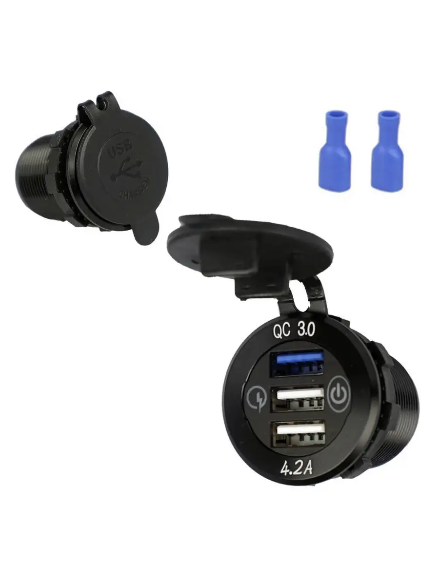 Разъем USB встраиваемый, круглый в авто 12V-24V 3USB QC3.0