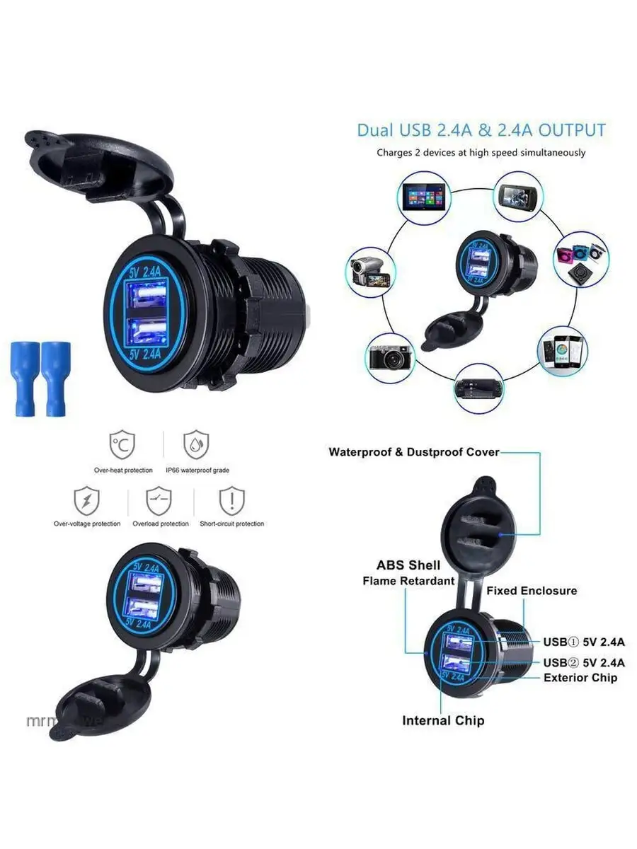 Разъем USB встраиваемый, круглый в авто 12V-24V 2USB 2.4A