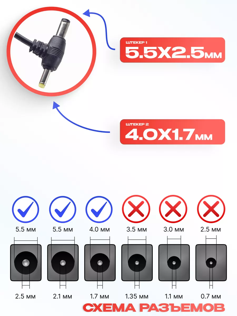 Адаптер для ноутбуков 12V/2А 5.5х2.5мм 4.0х1.7мм