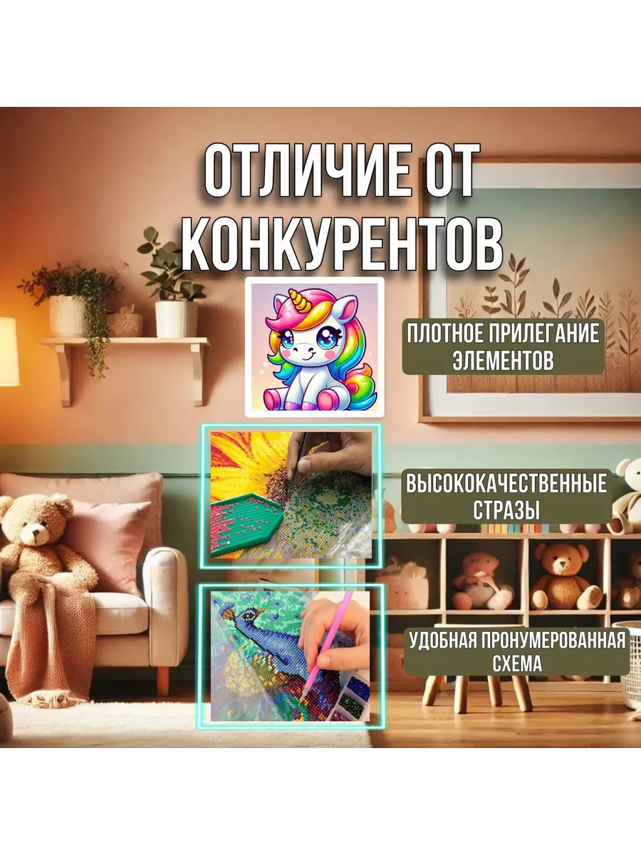 Алмазная мозаика для детей в рамке 20х20 Единорожка