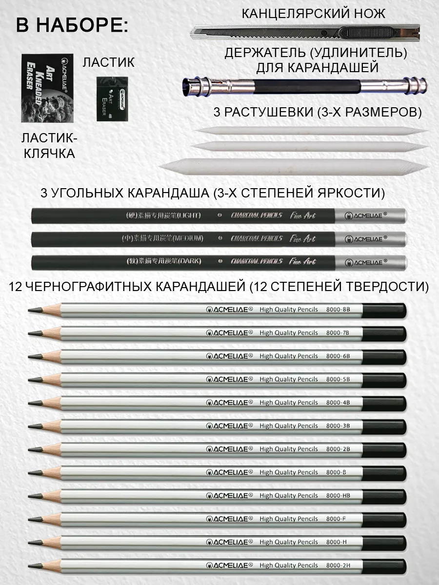 Набор для рисования и скетчинга ACMELIAE 22 предмета, в металлическом футляре