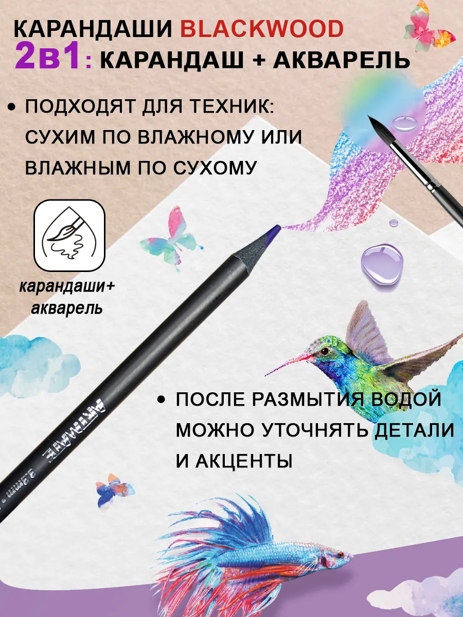 Акварельные цветные карандаши 24 цвета + кисточка