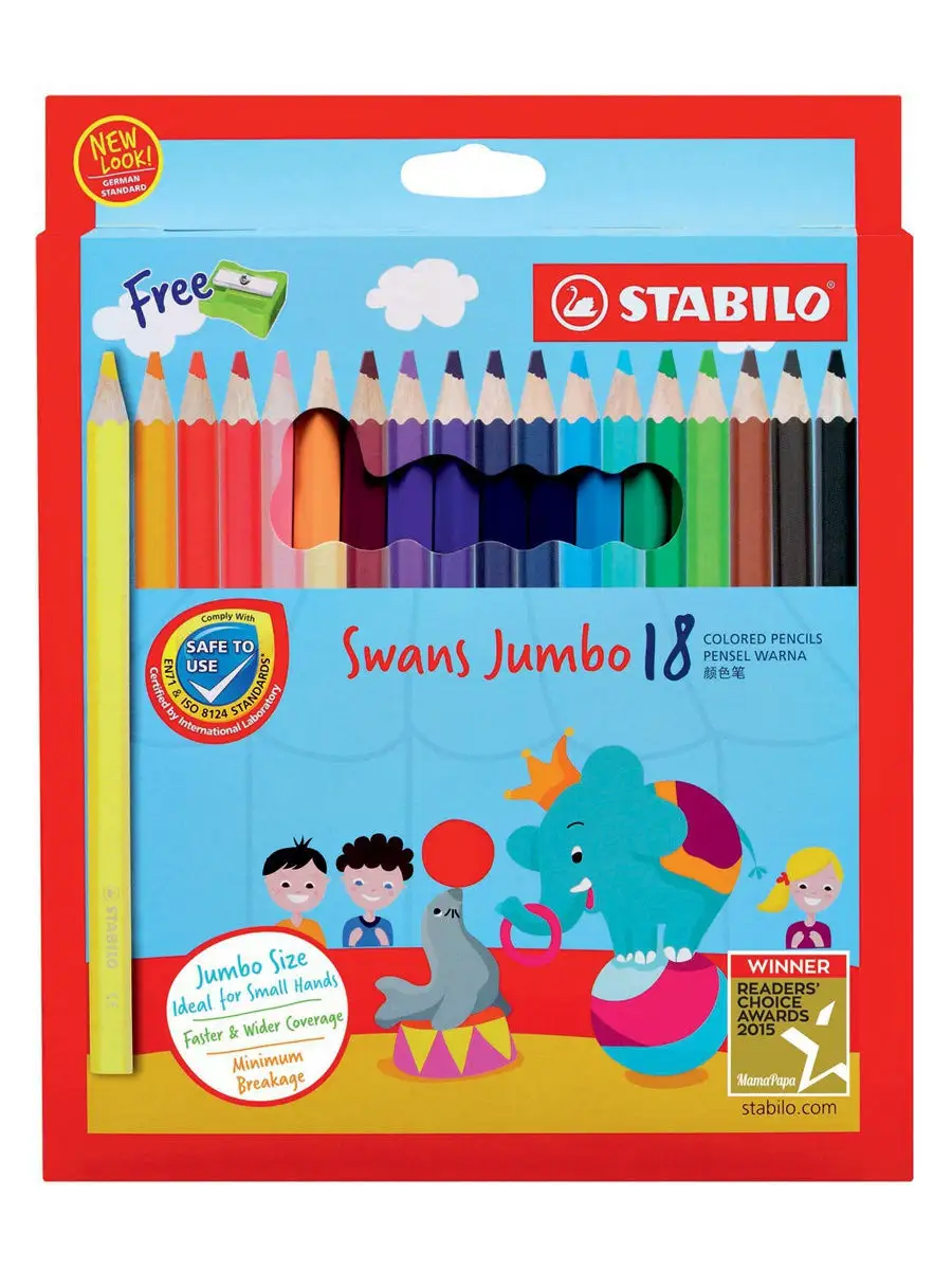 Карандаши цветные Swans Jumbo утолщенные, 18 цветов точилка