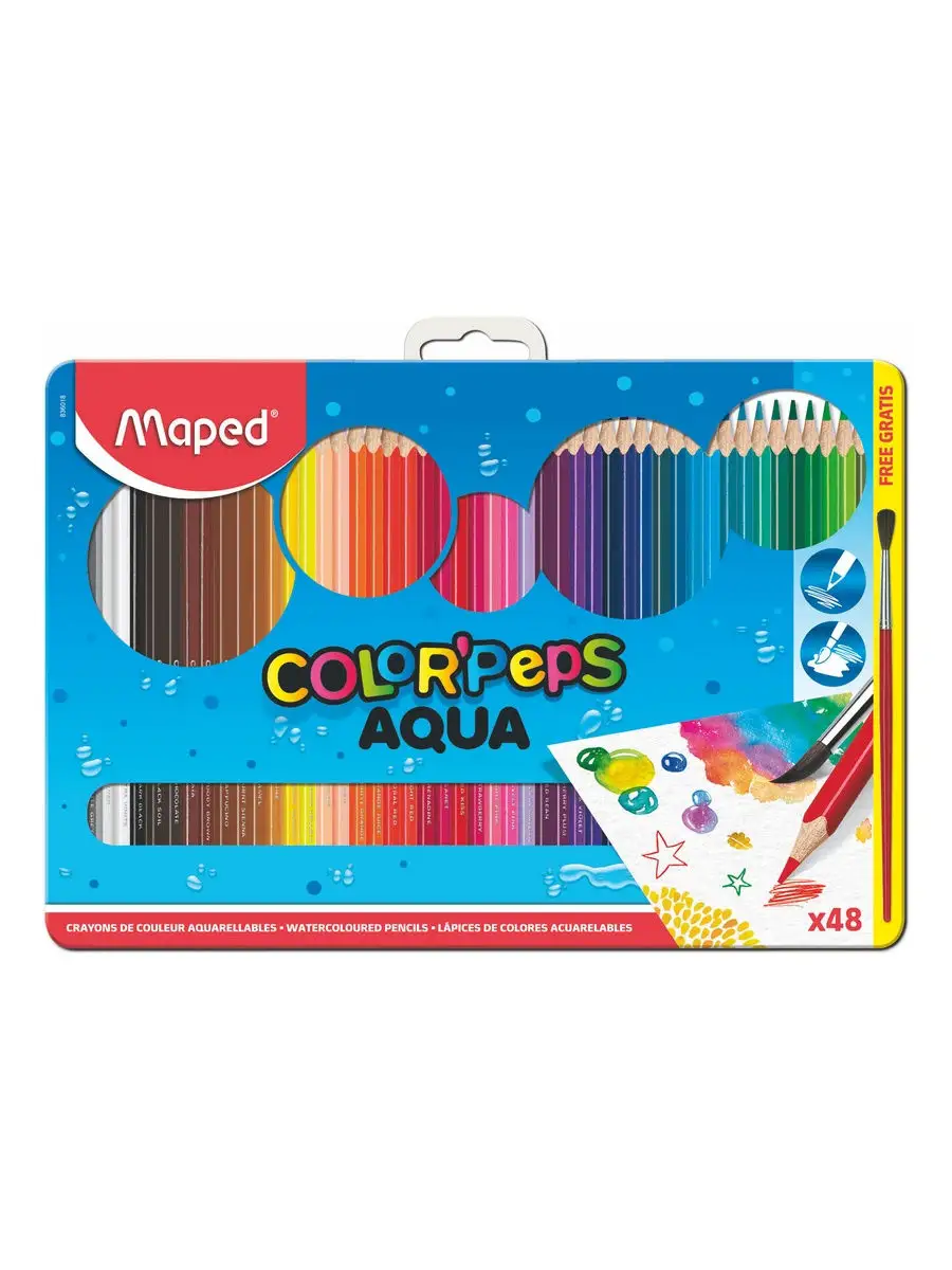 Карандаши цветные с кисточкой, 48 цв металл футляр AQUA