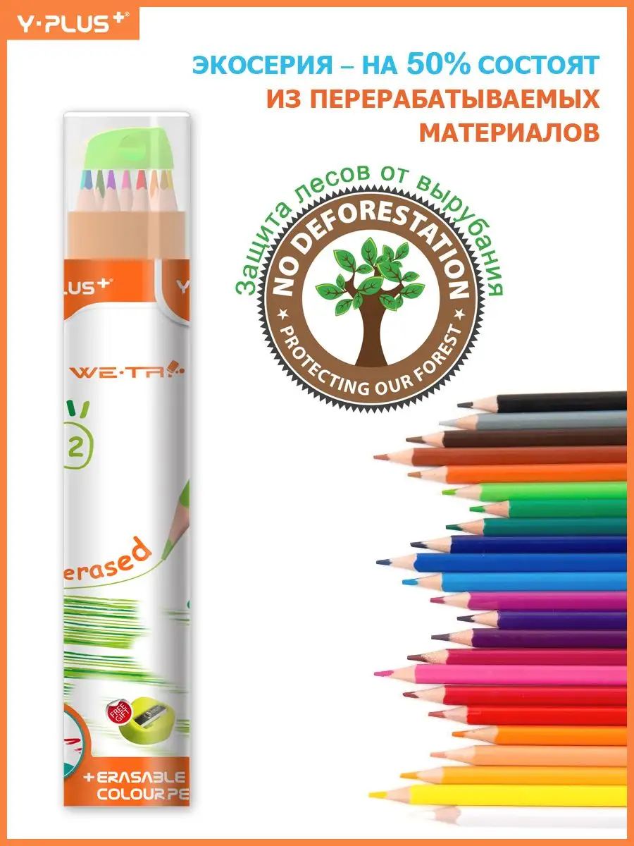 Стираемые карандаши цветные с ластиком 12 цветов пластиковые