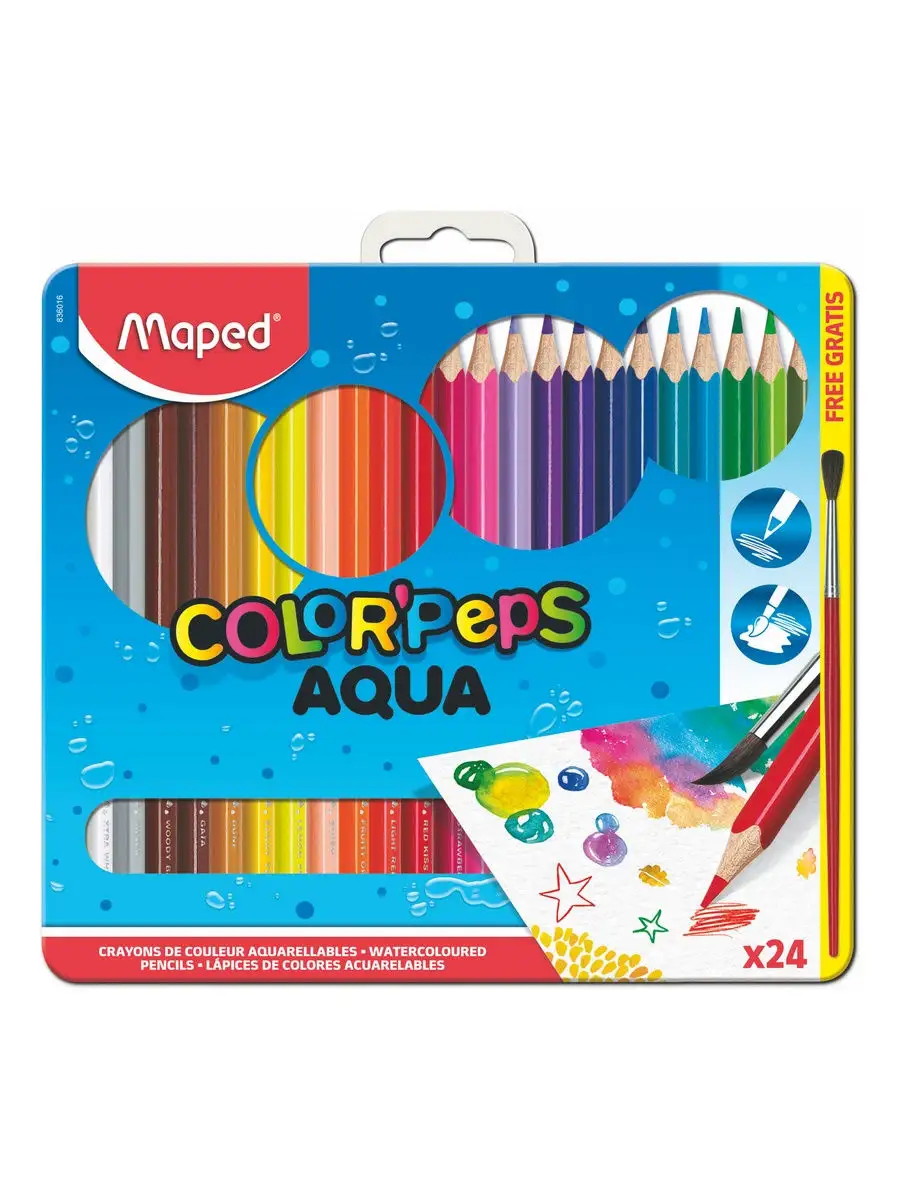 Карандаши цветные с кисточкой, 24 цв, металл футляр AQUA