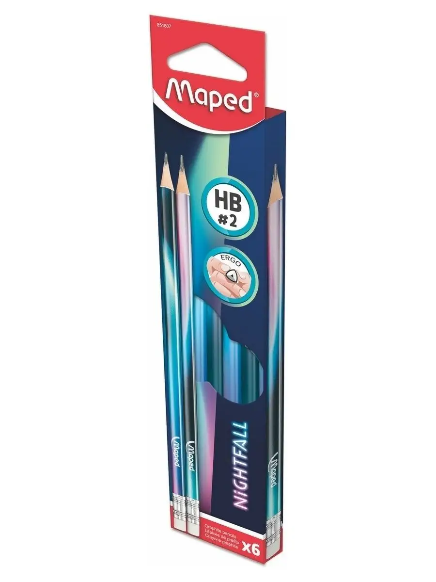 Карандаш чернографитный с ластиком пластиковый, HB, треугольный MAPED NIGHTFALL, набор 6 шт, блистер