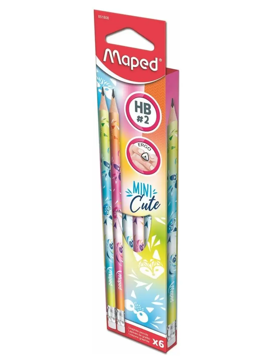 Карандаш чернографитный с ластиком, пластиковый, HB, треугольный MAPED MINI CUTE, набор 6 шт