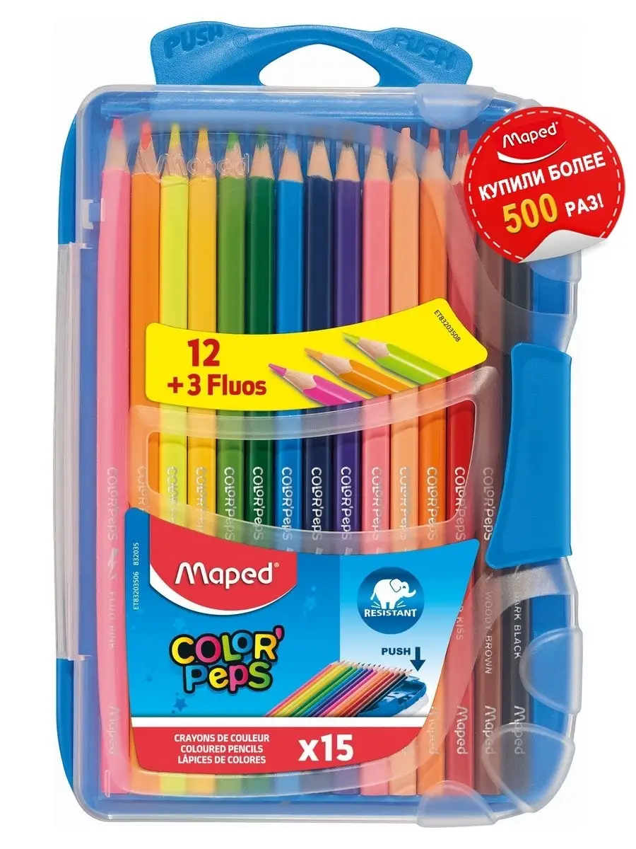 Карандаши цв.COLOR'PEPS ударопрочный грифель в пластик коробке-пенале, 12 цв +3 флуоресцентных