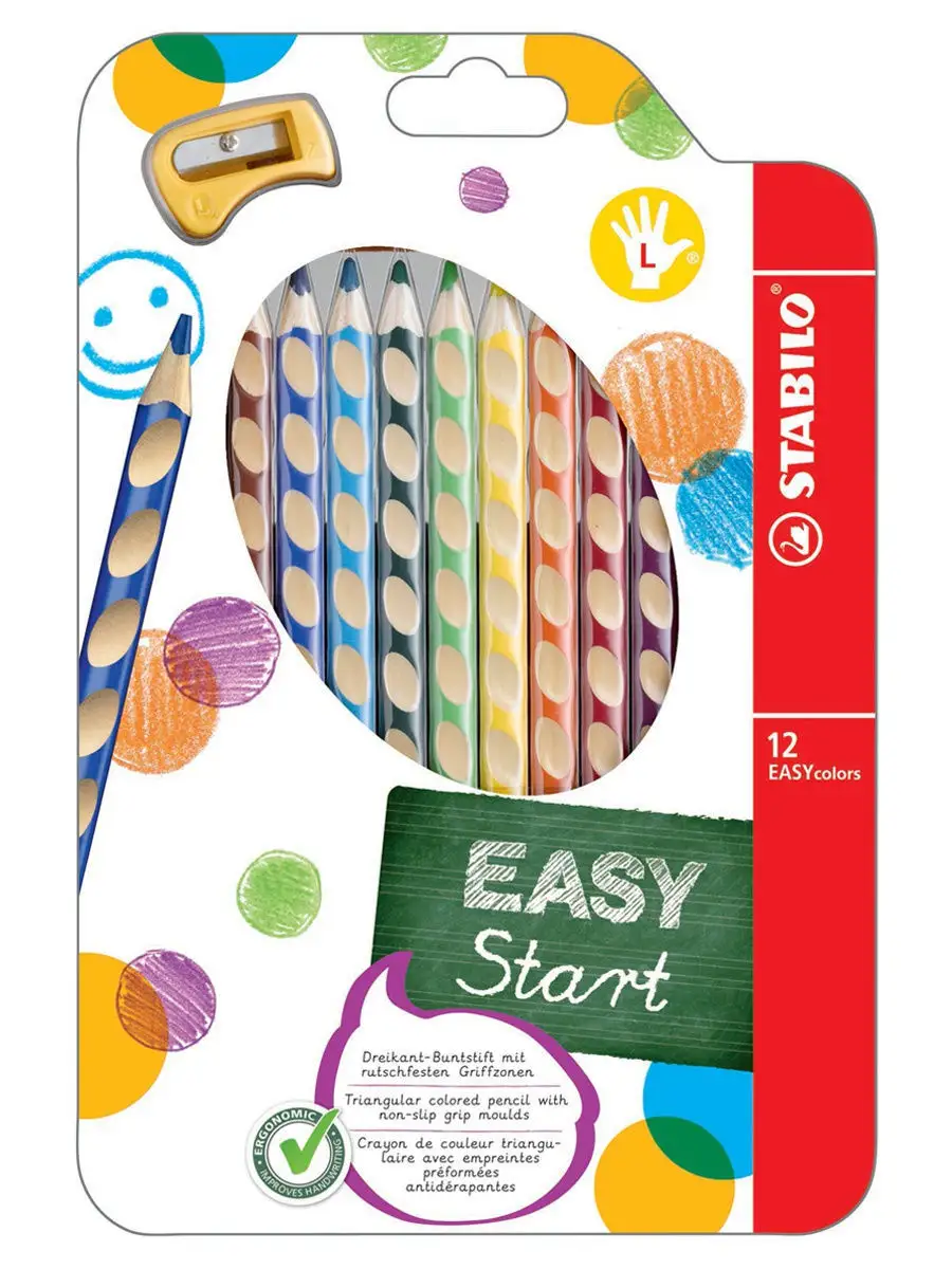 Карандаши цветные эргономичные EASYcolors для левшей в наборе 12 цветов+точилка