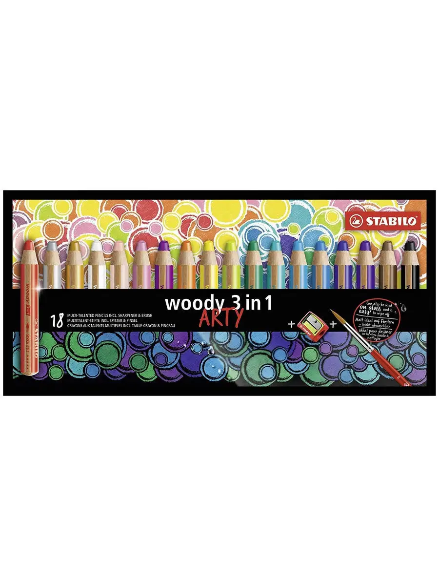 Цветной карандаш + акварель + восковой мелок woody 3в1 утолщенные, 18 цветов + кисть + точилка