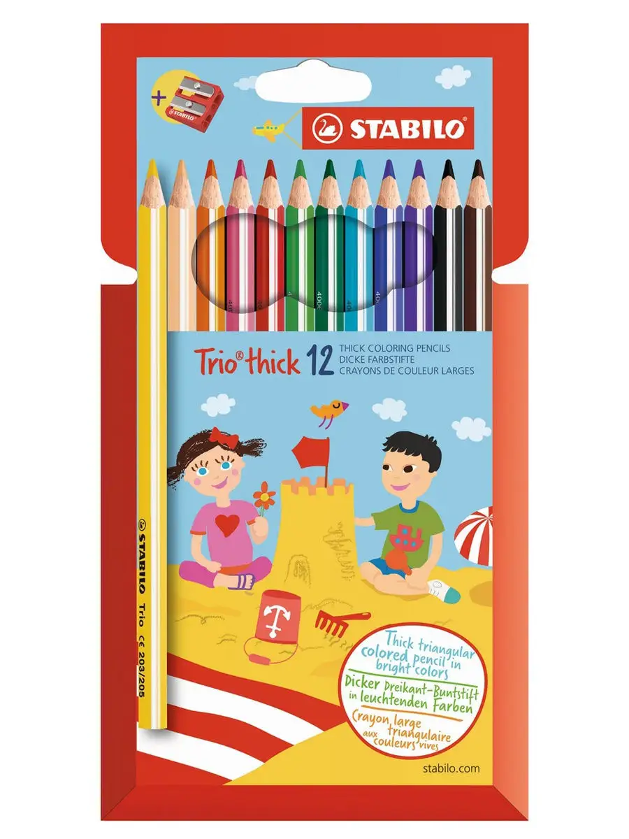 Карандаши цветные Trio трехгранные утолщенные, 12 цветов + точилка