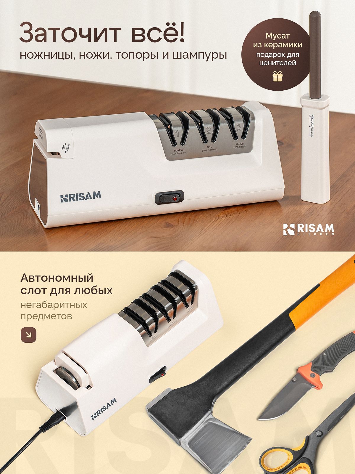 Точилка для ножей кухонных электрическая Risam, профессиональная ножеточка