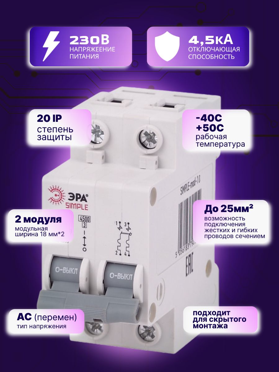 Автоматический выключатель 2P (2П) 32А (C) 4,5кА ВА 47-29 SIMPLE-mod-15 Б0039232 ЭРА 2шт
