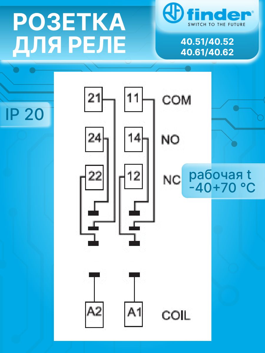 Розетка для реле 40.51/40.52/40.61/44.52/44.62 и модуля 99.02/86.30; с раздельными контактами, с металлическим фиксатором, винтовые зажимы FINDER 9505SPA 1шт