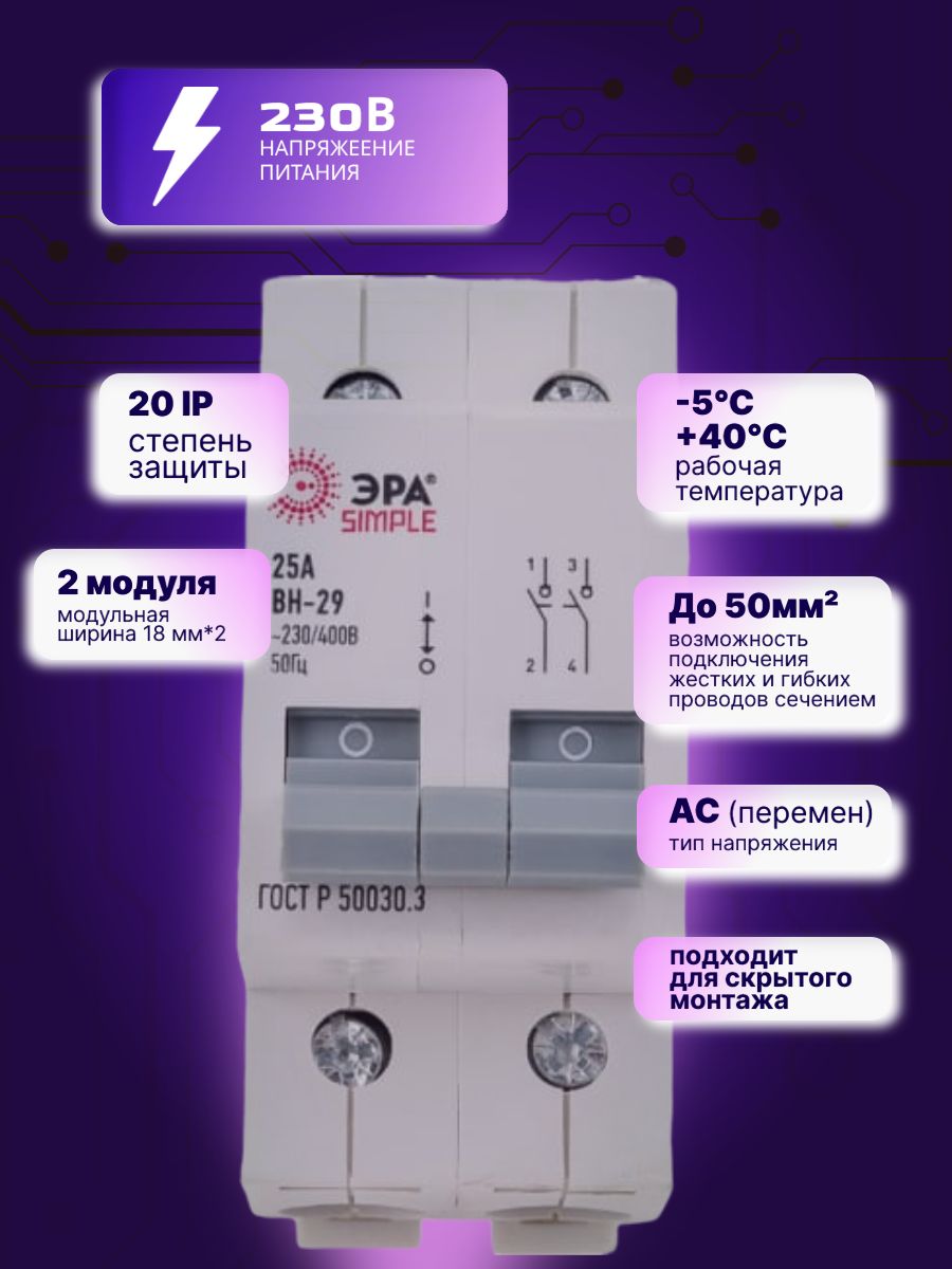 Выключатель нагрузки рубильник 2P (2п) 25А ВН-29 SIMPLE-mod-60 ЭРА Б0039250 2шт