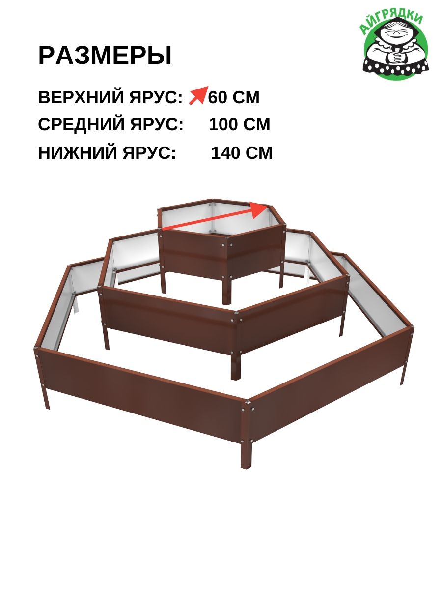 Клумба оцинкованная трёхъярусная 140-100-60см, борт 19см, тёмно-коричневая