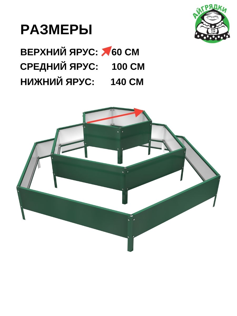 Цветник-клумба оцинкованная 140-100-60см, борт 19см, тёмно-зелёная
